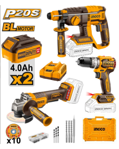 Ingco Martillo + radial + taladro+2 baterias 4,0 Ah + cargador + maletin COSLI241198E